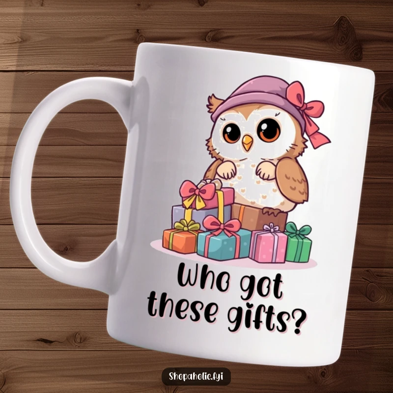 Funny Owl Mug: A curious owl playfully peeks from behind a stack of colorful gifts, embodying playful intrigue.
