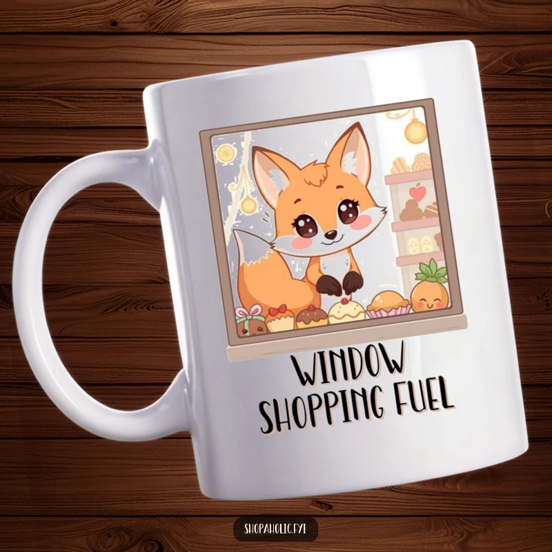 Funny Mug: A fox with huge, longing eyes gazes at a window filled with tempting goodies, expressing pure desire and humor.