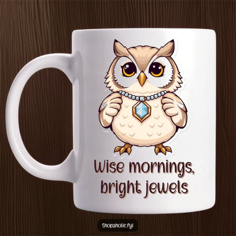 Funny Owl Jewelry Mug: A proud owl displays a shiny necklace, looking quite pleased with its new bling. Elegant and amusing.