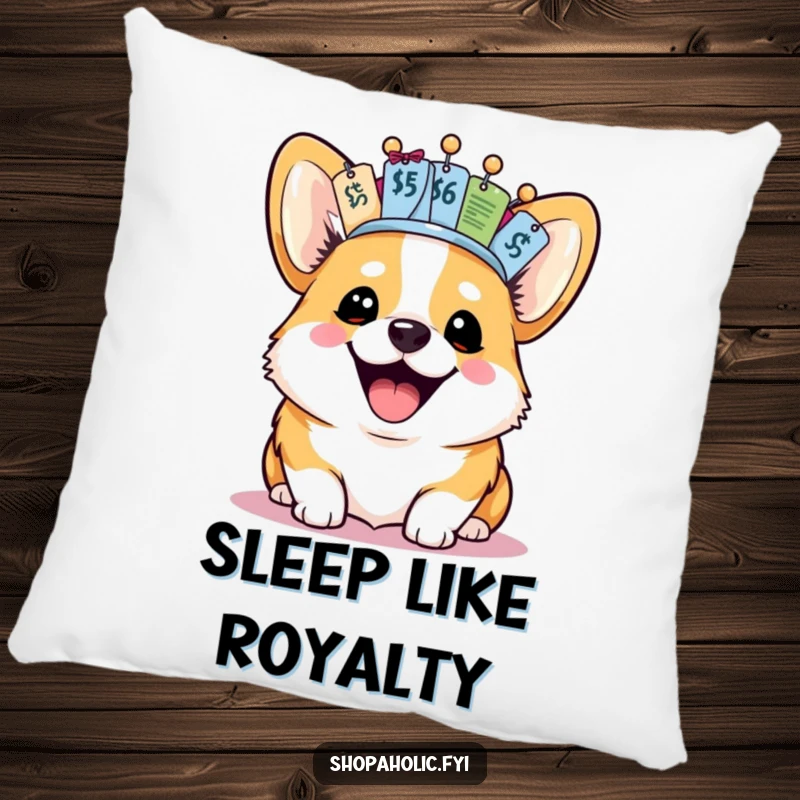 Funny Corgi Pillow: A joyful corgi with a price tag crown rests on this funny pillow, bringing comfort and humor.