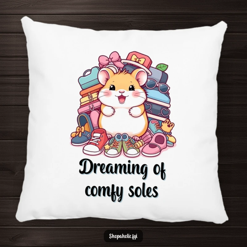Funny Hamster Shoe Pillow: A happy hamster surrounded by shoes, adding comfort and humor to any cozy nook. Soft and stylish.