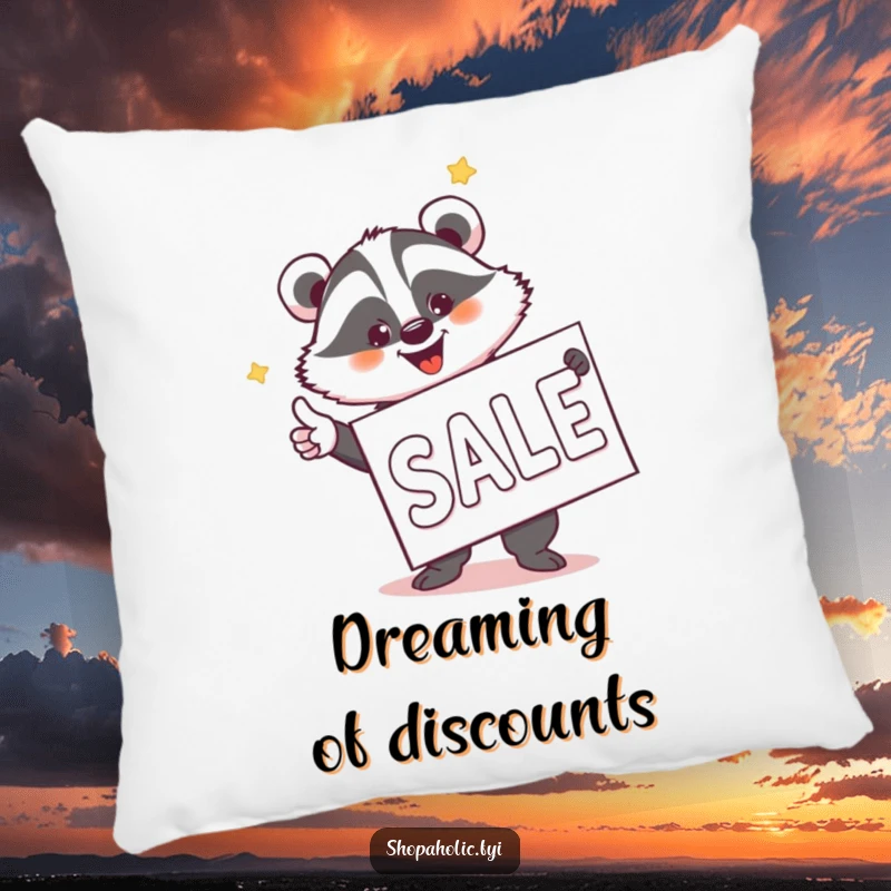 Funny Badger Sale Hunter Pillow - Soft pillow featuring a humorous badger pointing excitedly at a sale banner, ideal for bargain lovers.