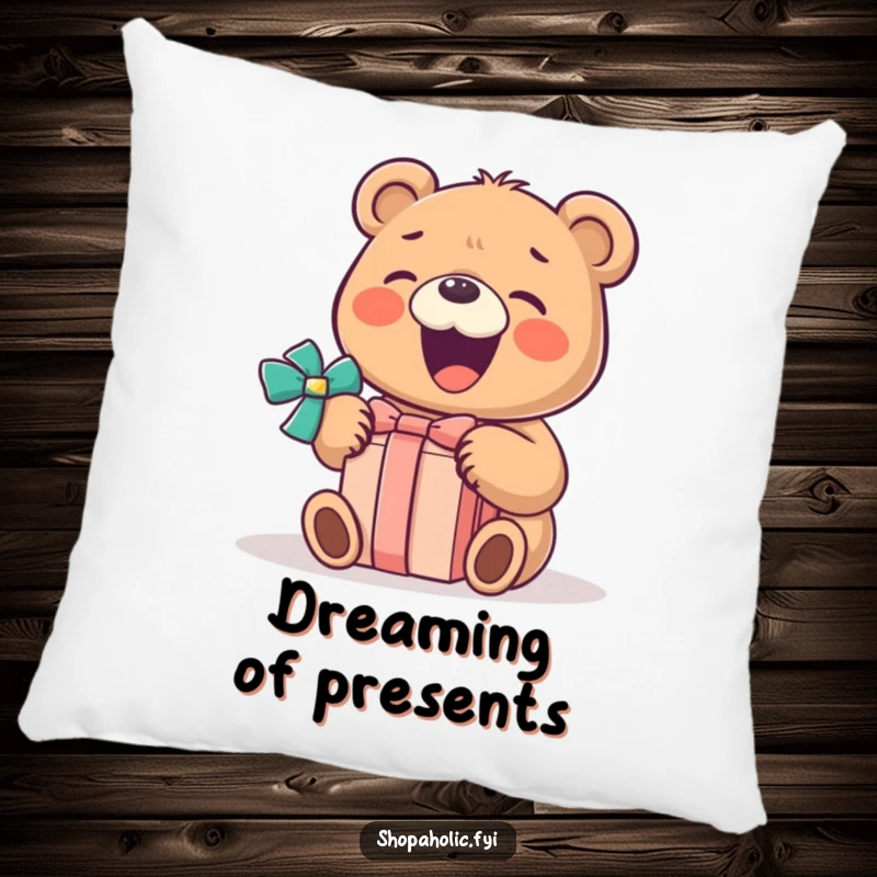 Funny Bear Pillow: A gleeful bear opens a gift with a huge smile on this funny pillow, offering comfort and cheer.