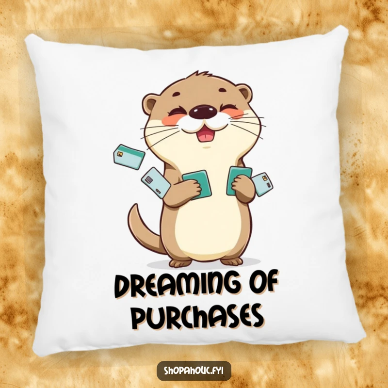Funny Otter Pillow: Cheerful otter juggling credit cards with a mischievous glint, soft accent pillow.