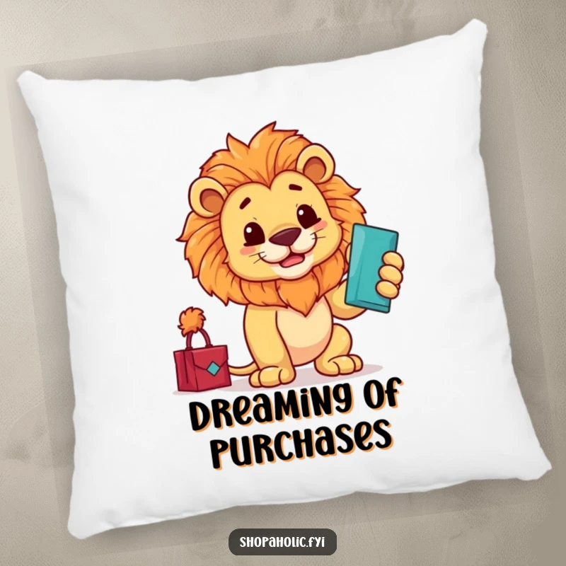 Funny pillow showcasing a proud lion in a regal pose, admiring a new purchase with a flourish, bringing elegance and humor.