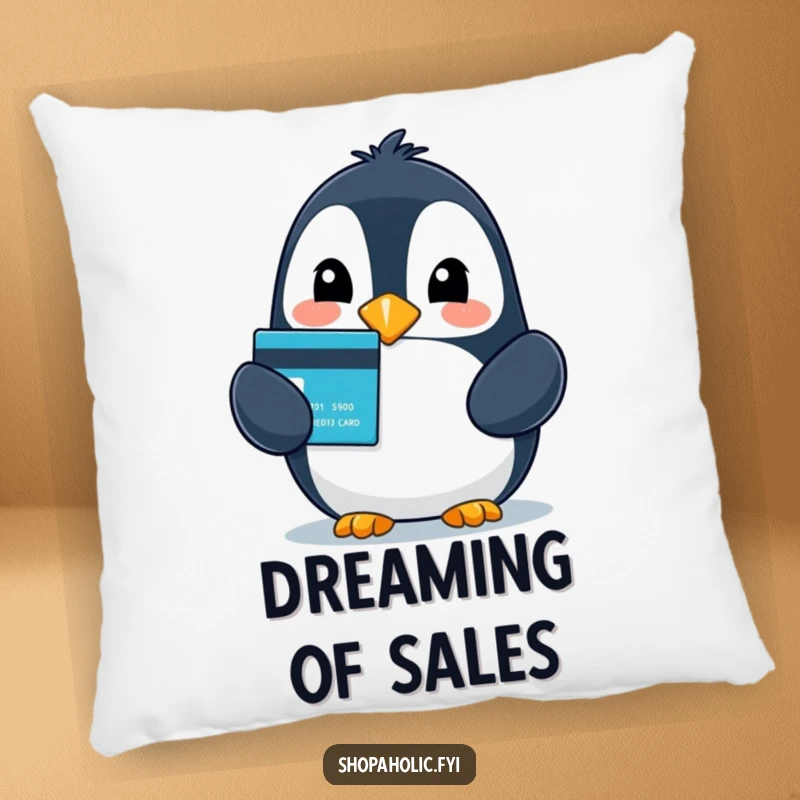 Funny pillow depicting a beaming penguin clutching a credit card with an expression of utter bliss and shopping satisfaction.