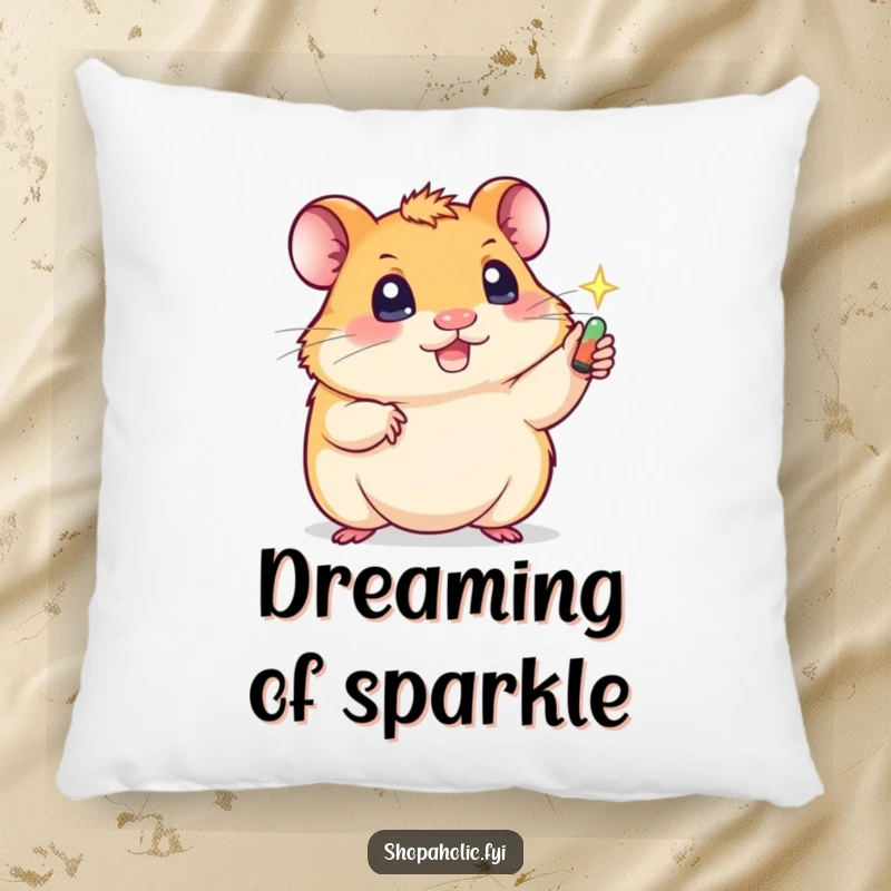 Funny pillow showing a cute hamster with sparkling eyes, reaching for a shiny item, adding a touch of humor and comfort.
