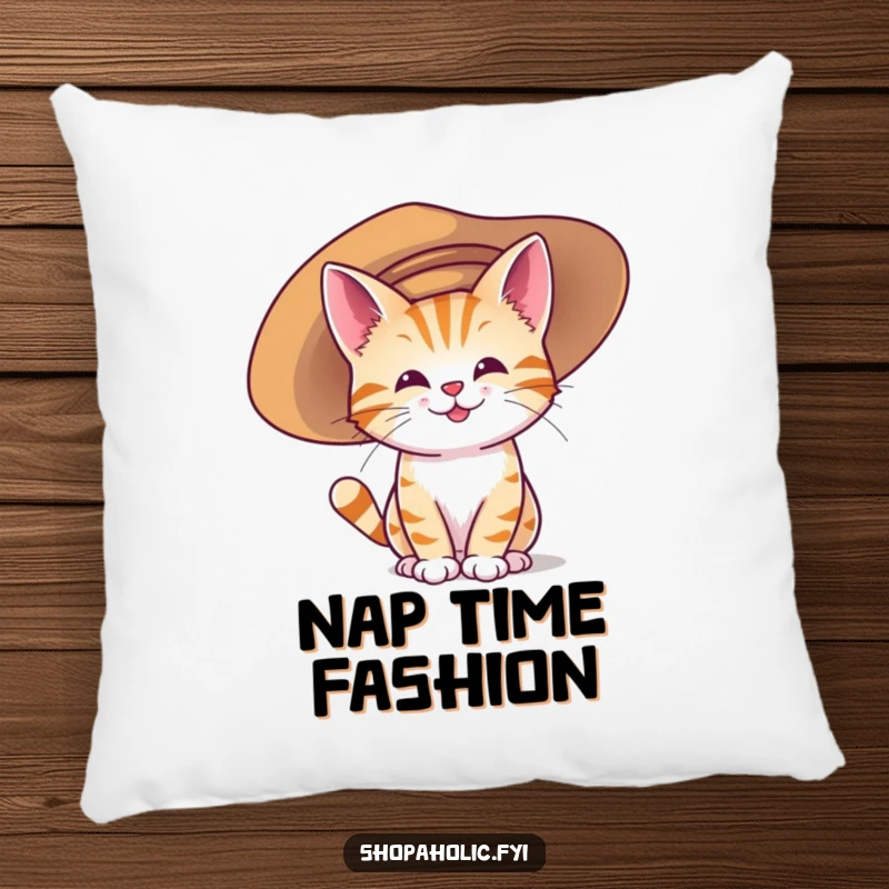 Funny pillow showcasing a happy cat character attempting to wear a large, oversized hat, bringing humorous comfort.