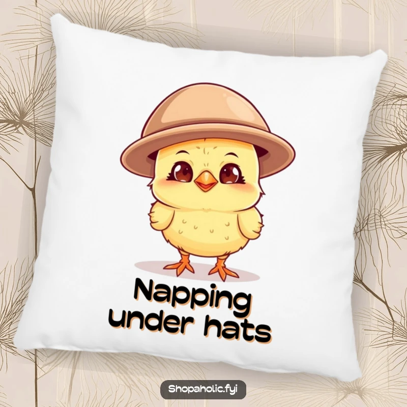 Funny curious chick with a wide grin, wearing a comically oversized hat, a soft and amusing decorative pillow.