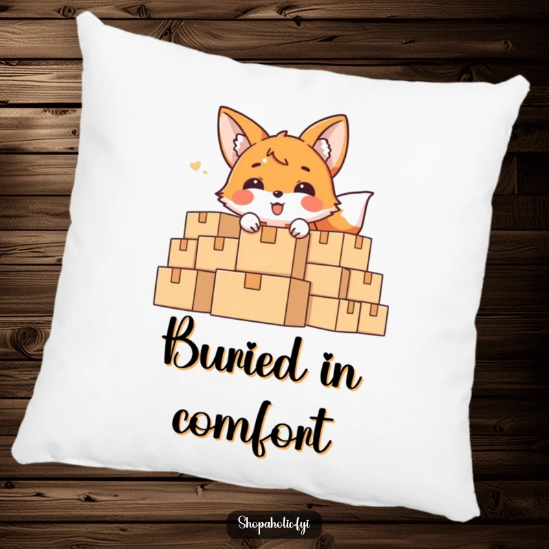 Funny Pillow showcasing a delighted fox character peeking from behind a mountain of boxes, a cozy hideaway accent.