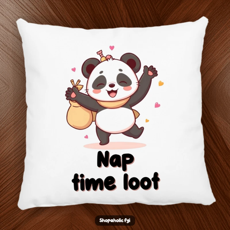 Funny pillow with a giggling panda in a happy dance, clutching a bag full of delightful goodies, perfect for adding cheer.