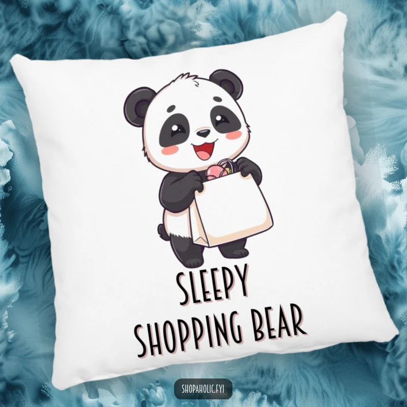 Funny decorative pillow featuring a delighted panda bear holding an overflowing shopping bag, soft, humorous, and cozy.