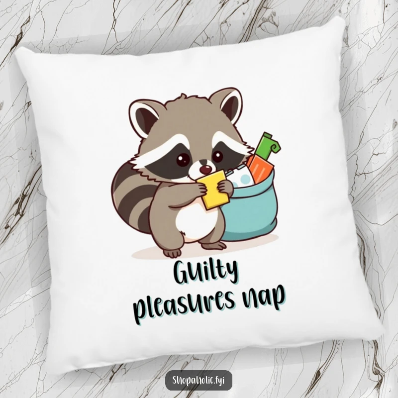 Funny raccoon pillow showing a mischievous raccoon with an overflowing bag, symbolizing the joy of collecting and clever hoarding.