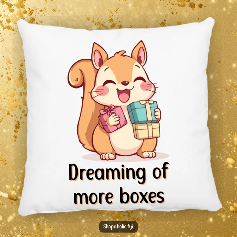 Funny Squirrel Pillow: A happy squirrel joyfully clutches an assortment of tiny gift boxes, creating a plush and humorous accent.