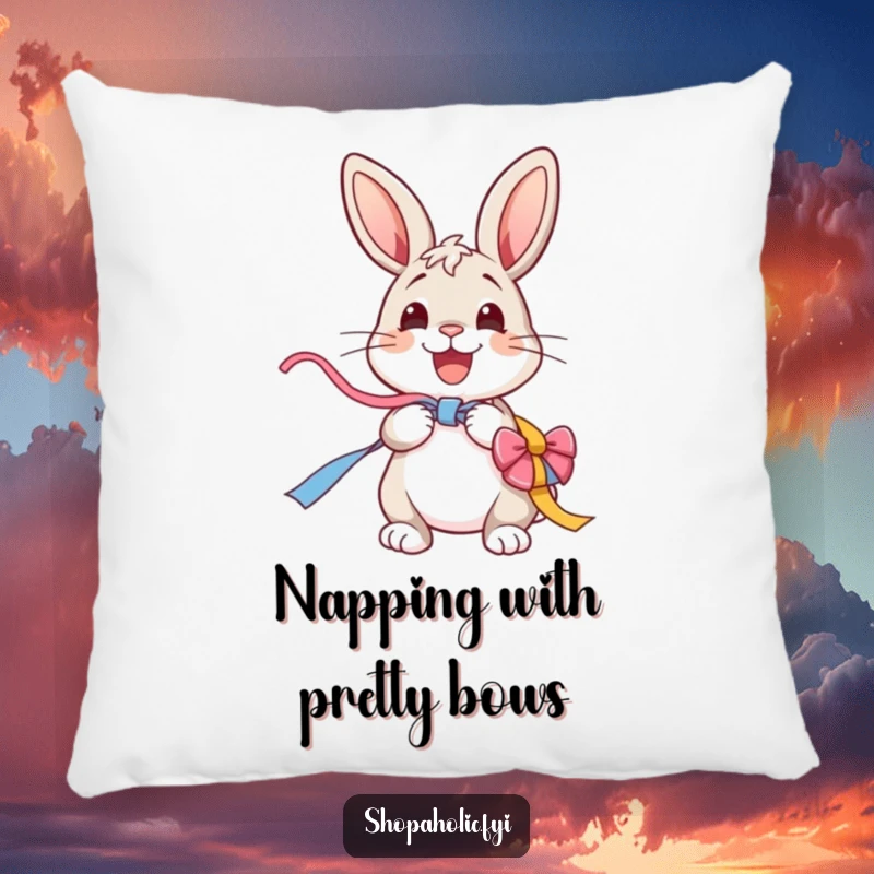 Funny Bunny Pillow: A cheerful bunny excitedly unwraps a colorful ribbon, creating a plush and joyful decorative accent.