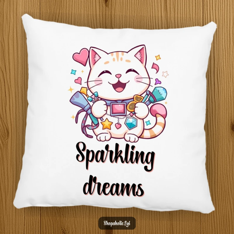 Funny cat pillow with a cheerful cat grinning while holding a vast amount of sparkly accessories, for cozy glamour.