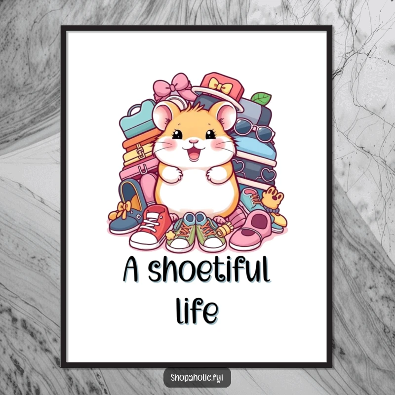 Funny Hamster Shoe Digital Art Print: A cheerful hamster joyfully surrounded by footwear. Whimsical wall art.