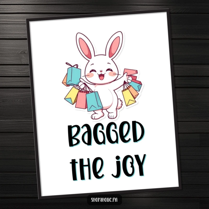 Funny Digital Art Print of a cheerful bunny character holding many shopping bags, perfect for decor.