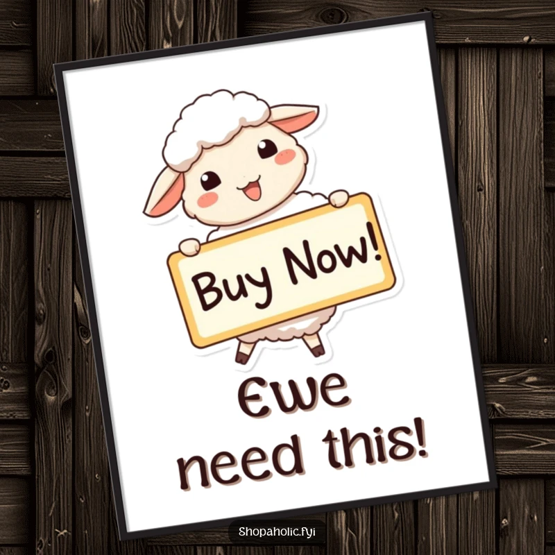 Funny sheep digital art print of a beaming sheep holding a large 'Buy Now!' sign, ready to hang.