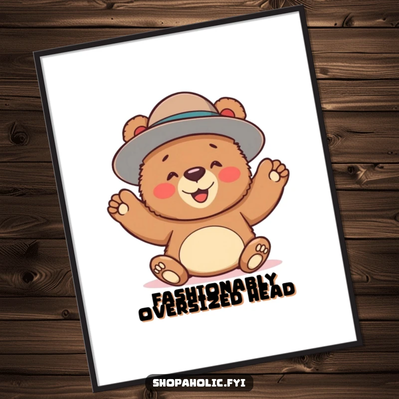 Funny digital art print of a bear gleefully wearing an oversized hat, ideal for instant whimsical wall decor and humor.