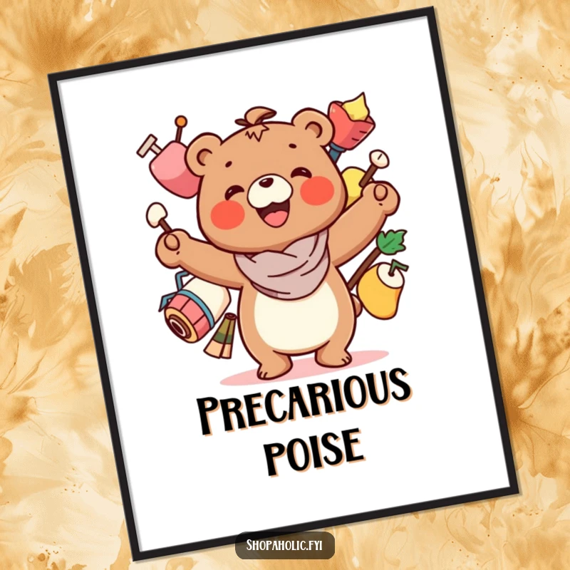 Funny Bear Art Print: A smiling bear character precariously balancing several items, a humorous and artistic depiction of life's juggling act.