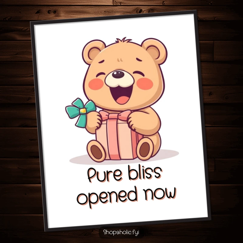 Funny Bear Digital Art Print: A gleeful bear opens a wrapped gift with a huge smile on this funny, downloadable artwork.