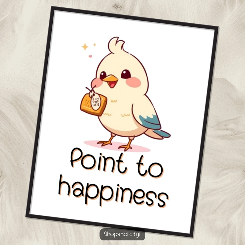Funny digital art of an excited bird pointing at a tempting offer, perfect for humorous shopper decor.