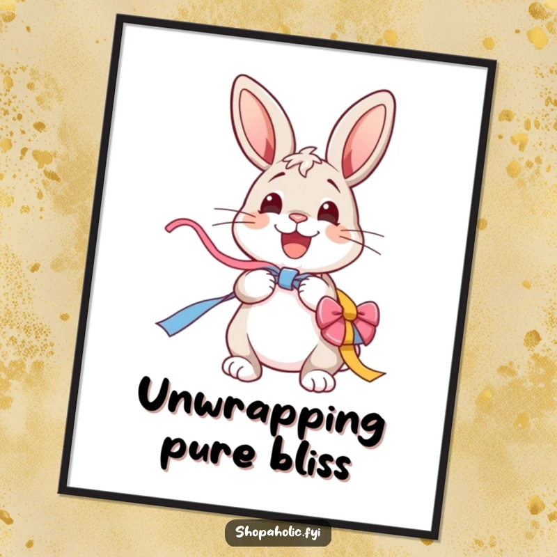 Funny Bunny Digital Art Print: A cheerful bunny excitedly unwraps a colorful ribbon, an instant downloadable piece of art.