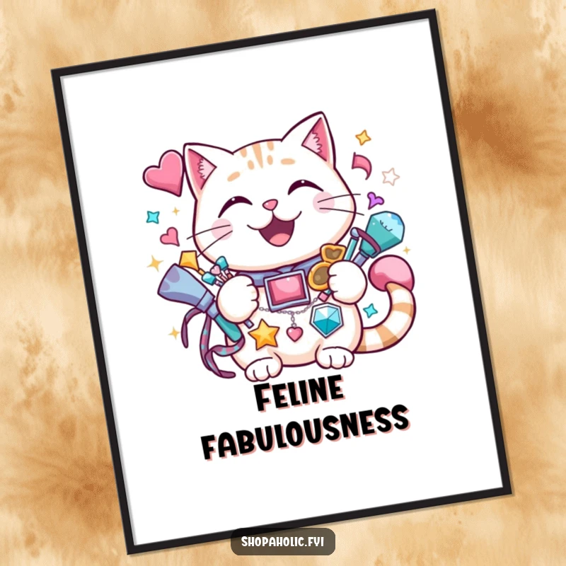 Funny cat digital art print of a cheerful cat grinning with a vast amount of sparkly accessories.