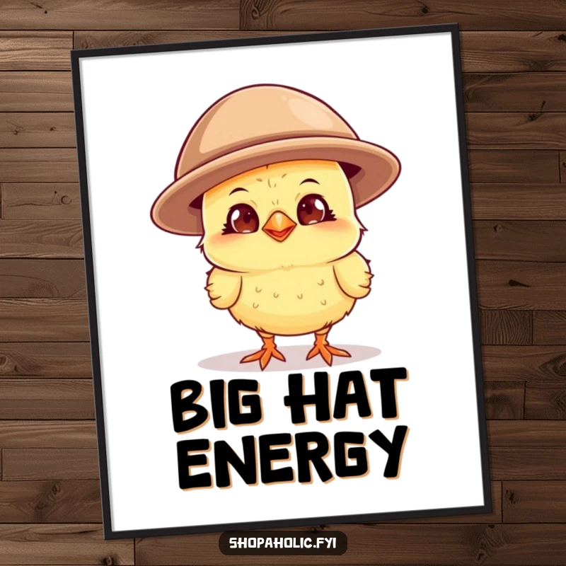Funny curious chick with a wide grin, wearing a comically oversized hat, a vibrant digital art print for fashion enthusiasts.