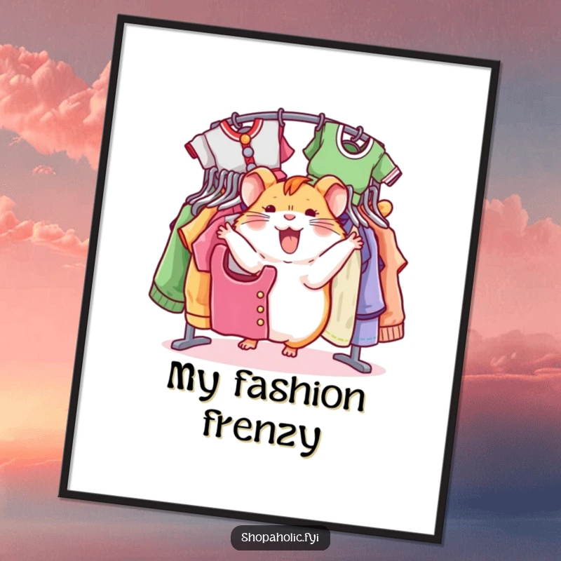 Funny hamster digital art print, joyfully spinning around clothes racks, instant wall art with fashion fun, a gift.