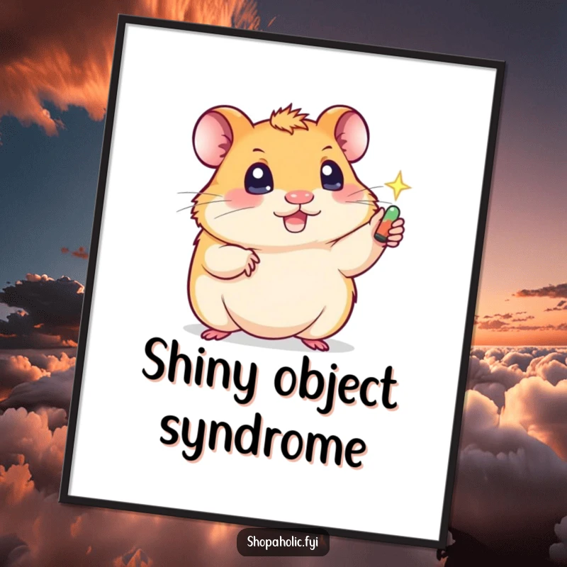 Funny digital art print of a cute hamster with sparkling eyes reaching for a shiny object, capturing a humorous moment.