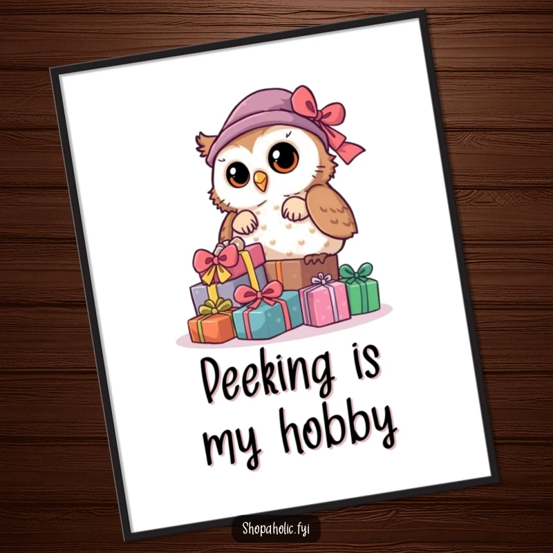 Funny Owl Digital Art Print: A curious owl peeks from behind a pile of gifts, an instant downloadable piece of art.