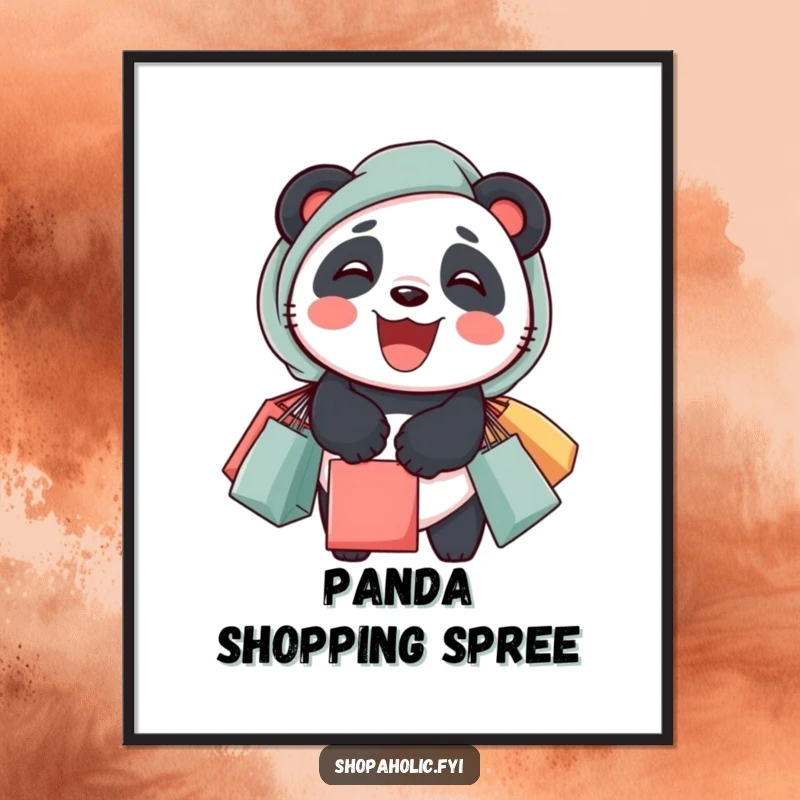 Funny panda digital art print featuring a delighted panda with overflowing shopping bags, printable wall decor.