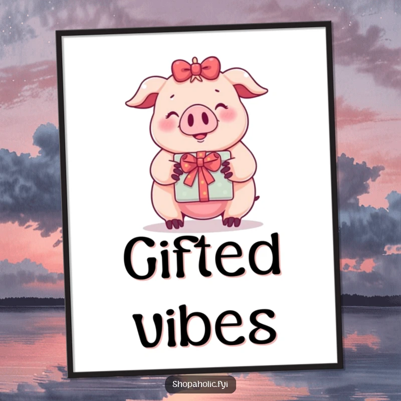 Funny digital art print of a smiling pig holding a wrapped gift, ready for immediate download and display.
