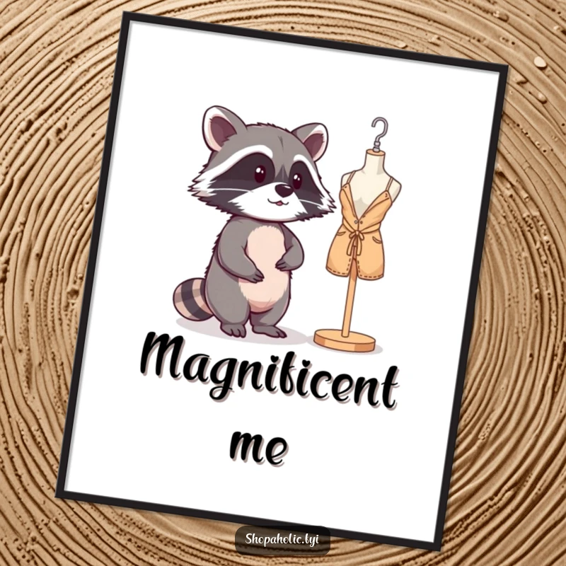 Funny Raccoon Mannequin Digital Art Print: A mischievous raccoon joyfully admiring its own reflection. Sassy wall art.