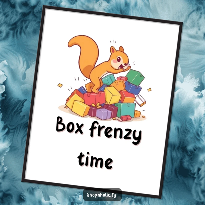 Funny squirrel digital art print featuring a hyperactive character chasing a tumbling pile of colorful boxes, printable wall decor.