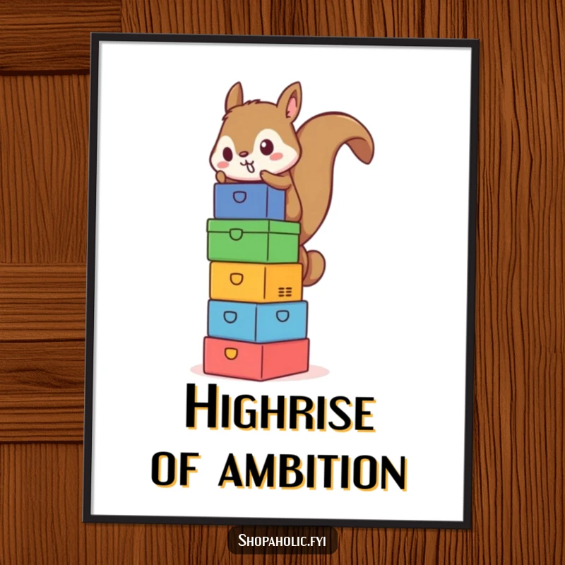 Funny Squirrel Box Tower Digital Art Print - Hilarious artwork of a determined squirrel balancing a towering stack of colorful boxes, ready to print.