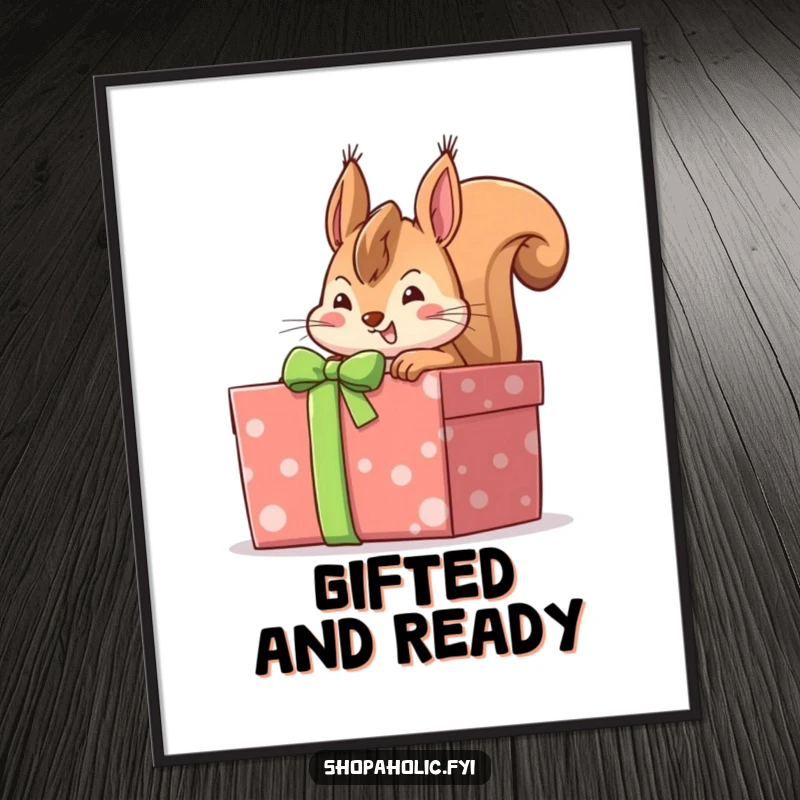 Funny cheerful squirrel peeking into a large gift-wrapped box with anticipation, a vibrant digital art print for nature enthusiasts.