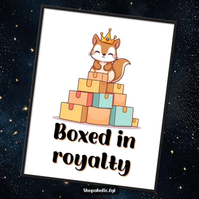 Funny Squirrel King Digital Art Print showing a mischievous squirrel wearing a tiny crown on a huge pile of boxes, humorous wall decor.