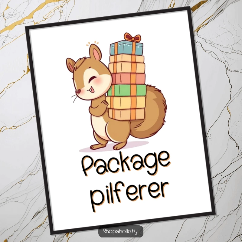 Funny digital art print of a playful squirrel attempting to carry an impossibly tall stack of packages. Instant downloadable humor.