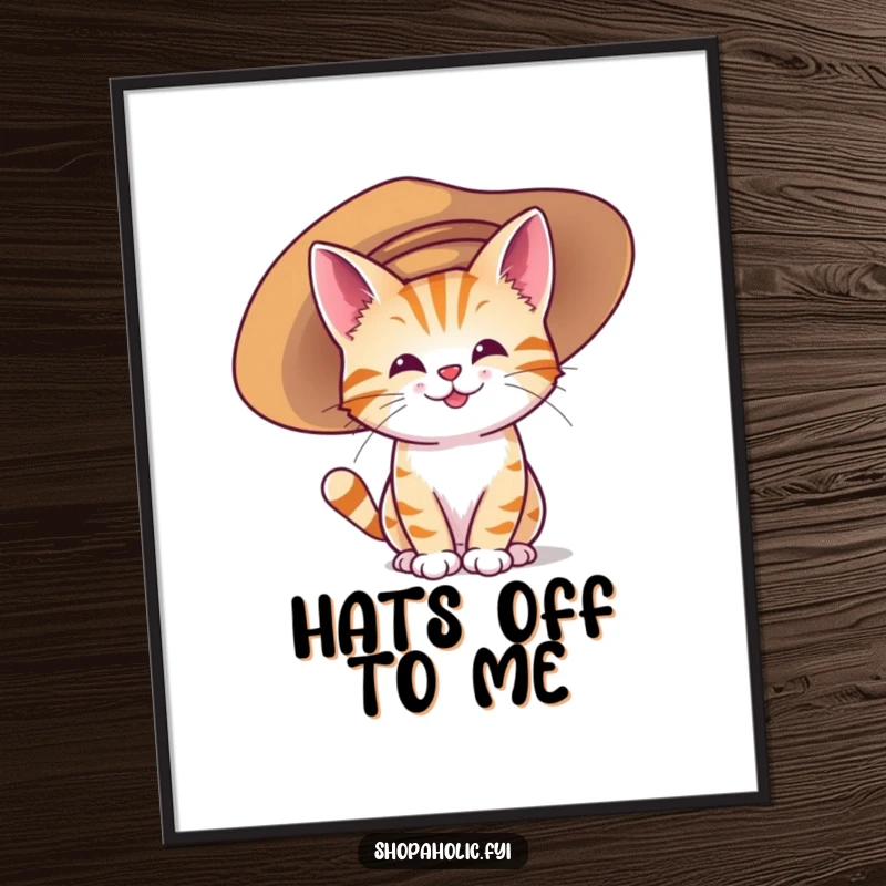 Funny digital art print of a happy cat character humorously trying on a large, oversized hat, adding whimsical decor.