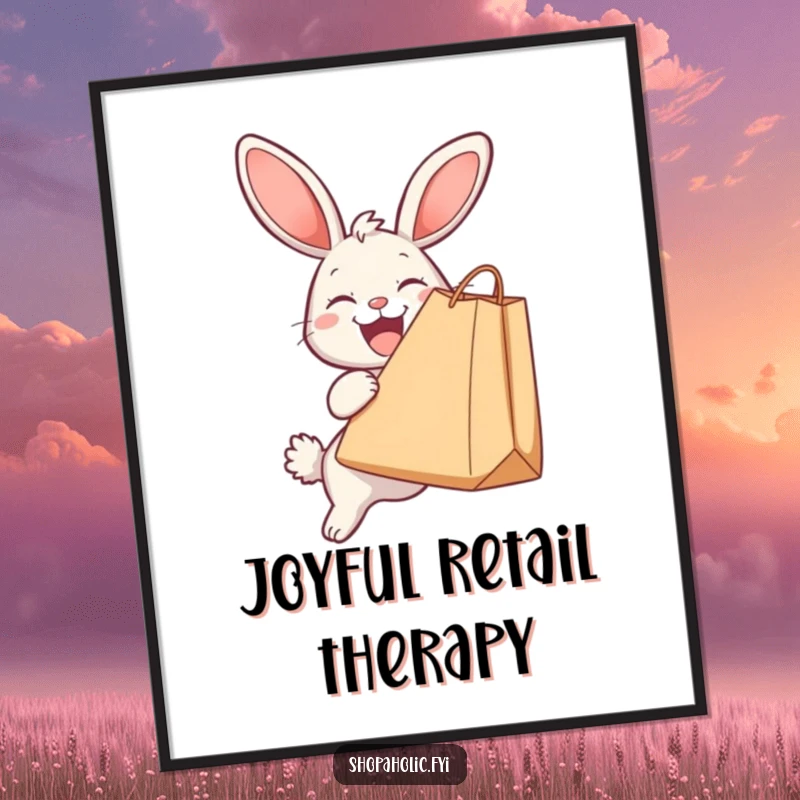 Funny digital art print of a happy bunny holding a massive shopping bag, ideal for instant humorous wall decor and shoppers.