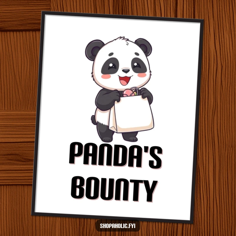 Funny digital art print of a delighted panda bear joyfully holding an overflowing shopping bag, perfect for instant download and humorous decor.