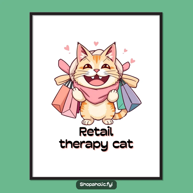 Funny Cat Shopping Digital Art: Printable Wall Decor Of Feline With Bags