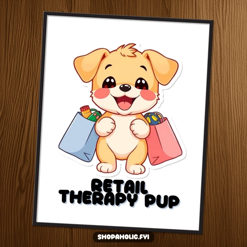 Funny puppy digital art print of a delighted puppy holding shopping bags overflowing with colorful items.
