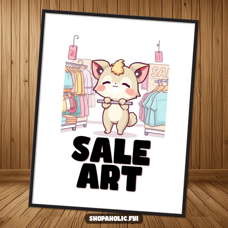 Funny digital art print of a cute creature dramatically swooning over a sale rack, ready for download.