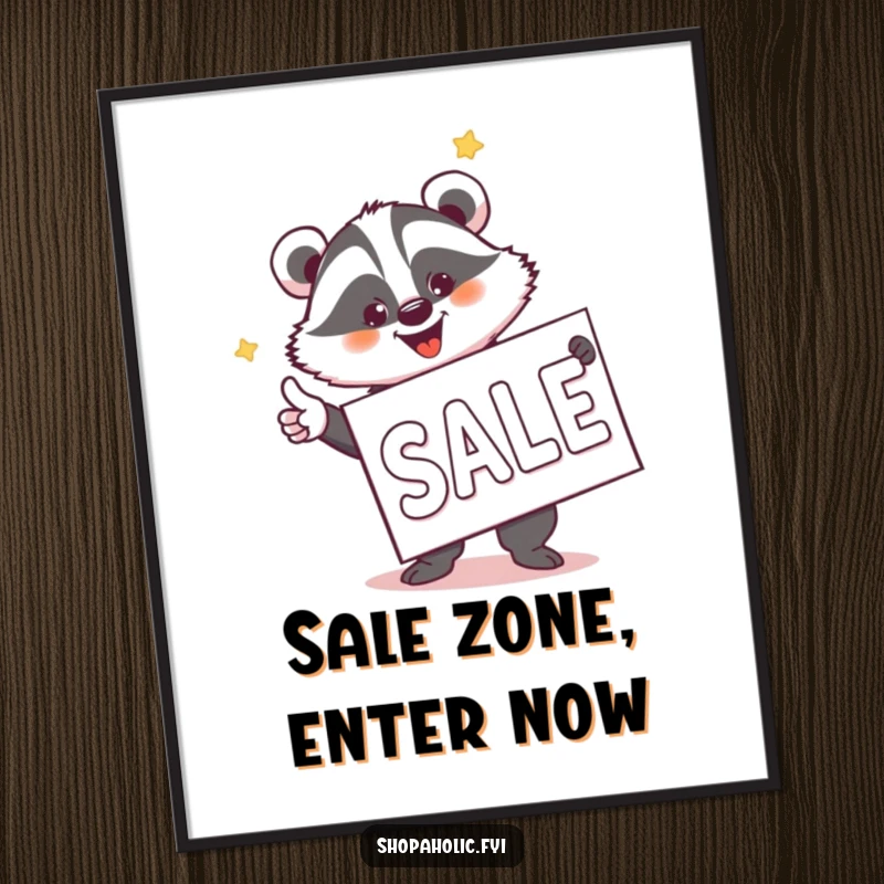 Funny Badger Sale Hunter Digital Art Print - Hilarious artwork of a jovial badger pointing at a giant sale banner, ready to print.