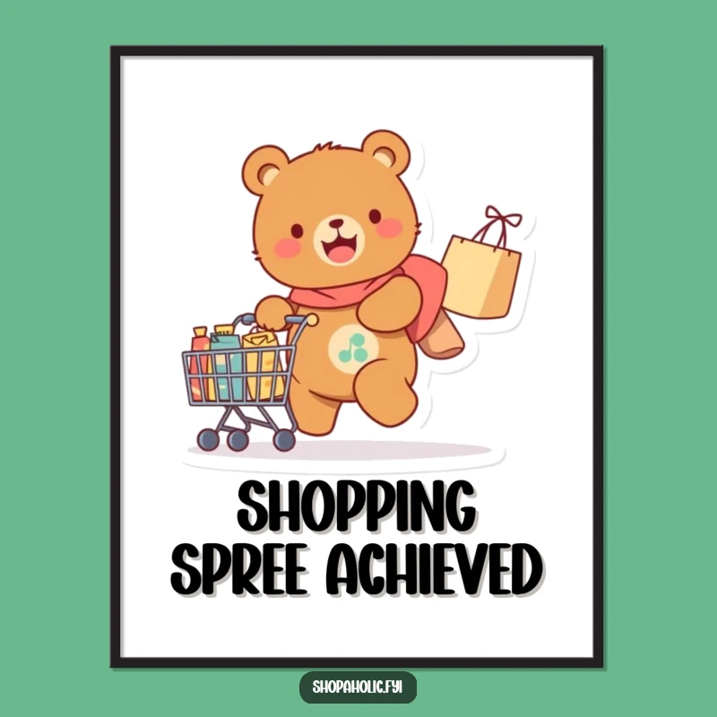 Funny Bear Digital Art: High-res print of happy bear with shopping cart, instant decor gift.