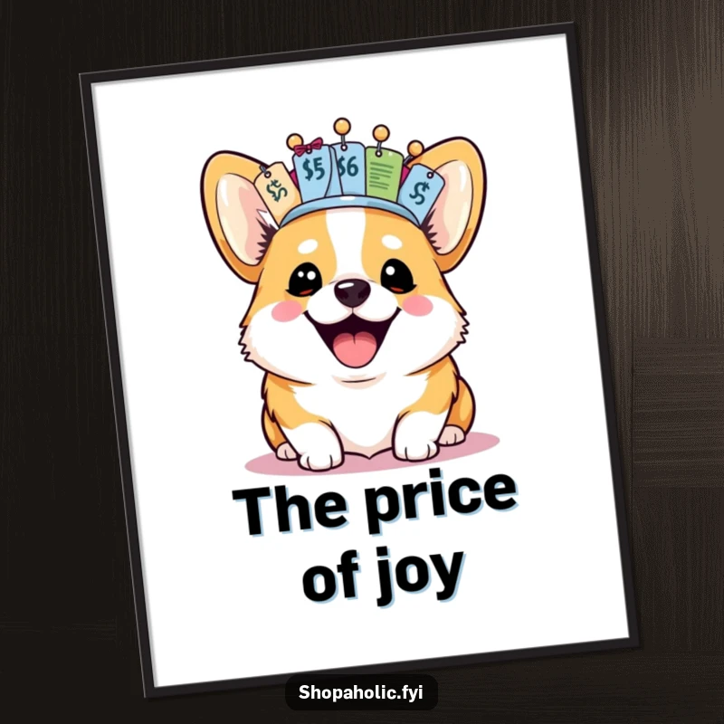 Funny Corgi Digital Art Print: A happy corgi wears a crown of price tags on this funny, downloadable artwork.